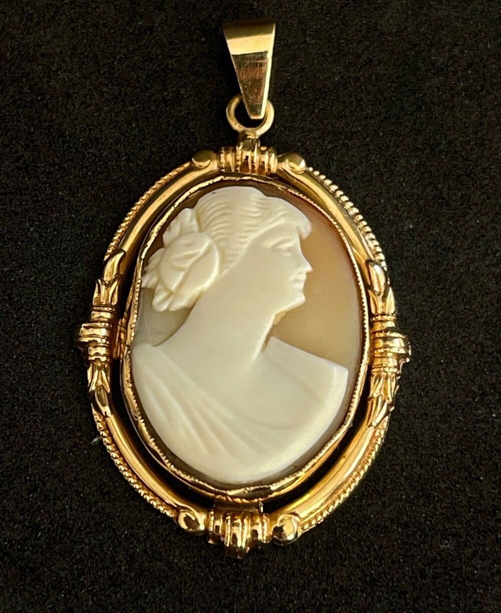 ESEMCO 14K Gold Carved Shell Cameo Pendant Authentic Shiman Mfg. Co Tested!